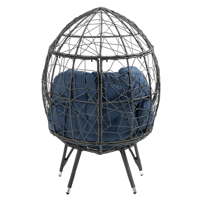 Outdoor Patio Wicker Egg Chair Indoor Basket Wicker Chair with Navy Cusion for Backyard Poolside
