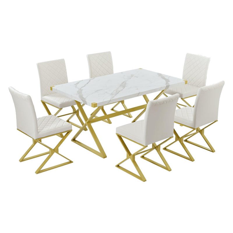 7-PieceModern Dining Table Set, Rectangular Marble Texture Kitchen Table and 6 PU leather Chairs with X-Shaped Gold Steel Pipe Legs for Dining Room (White) - Urban Living Furniture (Los Angeles, CA)