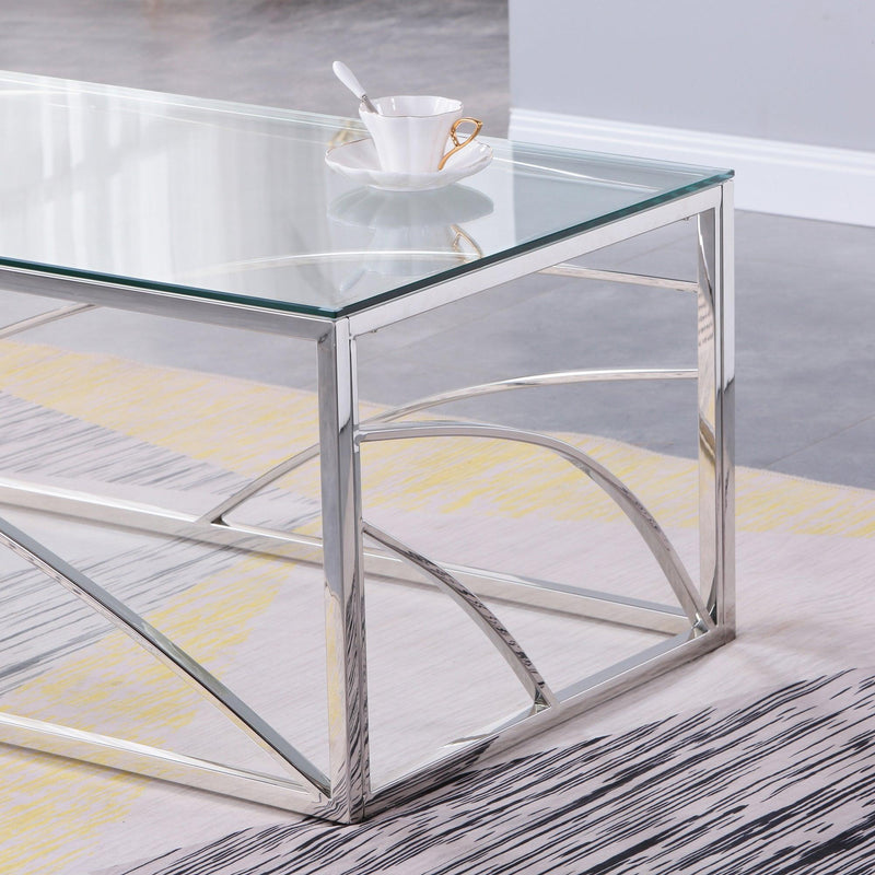 Stainless Steel Rectangular Accent Glass Coffee Table for Living Room- 46.8"Modern Sleek Center Table with Lounge Table with Clear Tempered Glass(Silver)