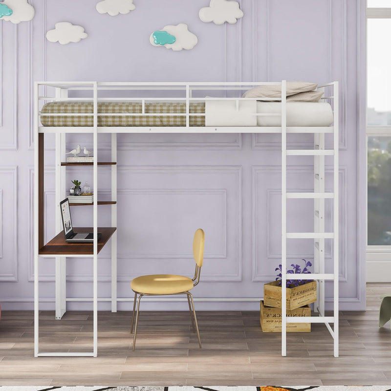 Twin Metal Loft Bed with 2 Shelves and one Desk ,WHITE - Urban Living Furniture (Los Angeles, CA)