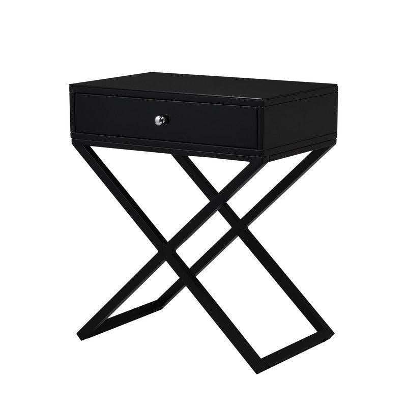 Koda Black Wooden End Side Table Nightstand with Glass Top, Drawer and Metal Cross Base - Urban Living Furniture (Los Angeles, CA)