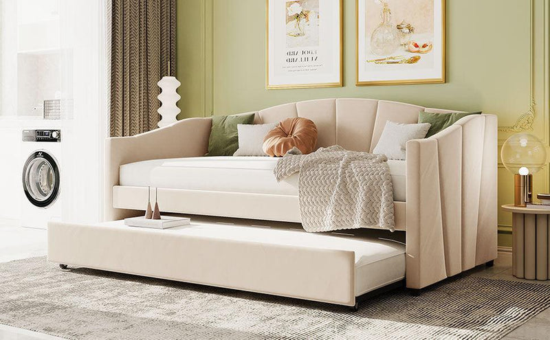 Upholstered Daybed Sofa Bed Twin Size With Trundle Bed and Wood Slat ,Beige