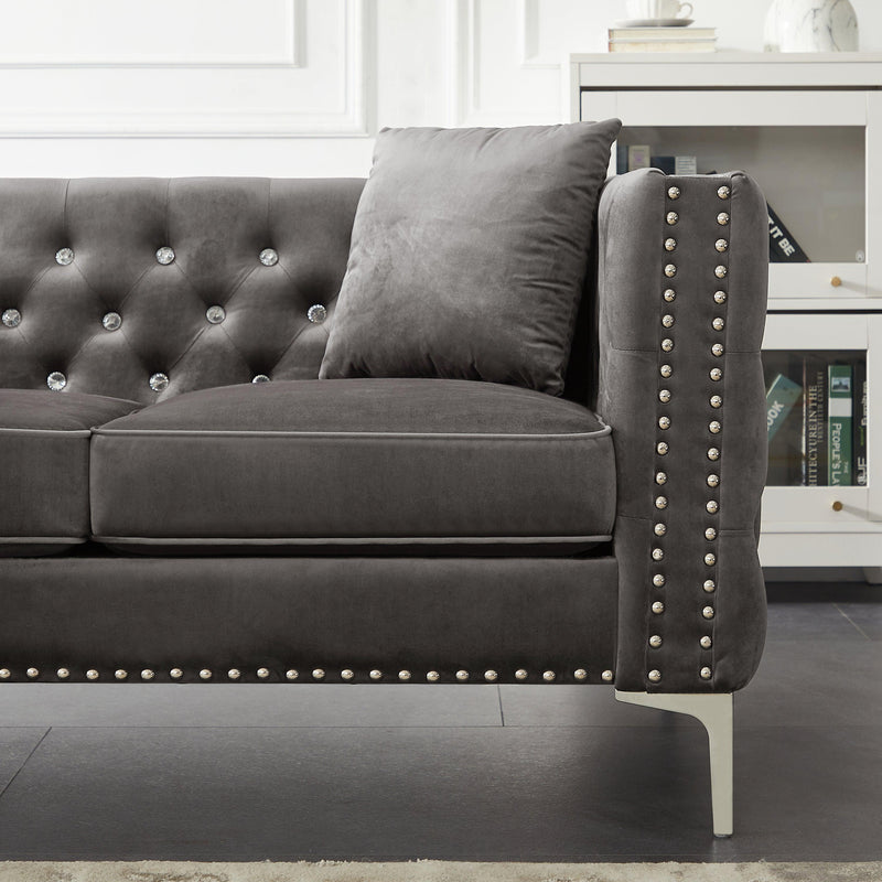 82.3" WidthModern Velvet Sofa Jeweled Buttons Tufted Square Arm Couch Grey,2 Pillows Included - Urban Living Furniture (Los Angeles, CA)