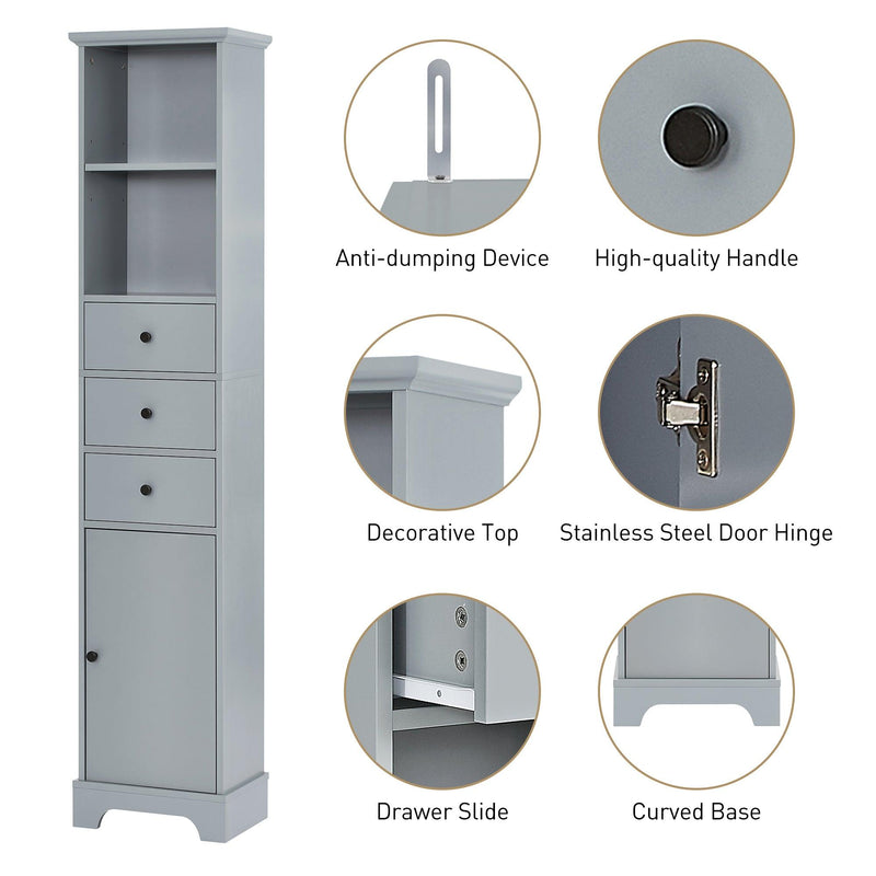 Grey Tall Bathroom Cabinet, FreestandingStorage Cabinet with 3 Drawers and Adjustable Shelf, MDF Board with Painted Finish - Urban Living Furniture (Los Angeles, CA)