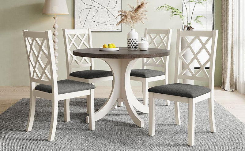 Mid-Century Solid Wood 5-Piece Round Dining Table Set, Kitchen Table Set with Upholstered Chairs for Small Places, Brown Table+Gray Chair - Urban Living Furniture (Los Angeles, CA)