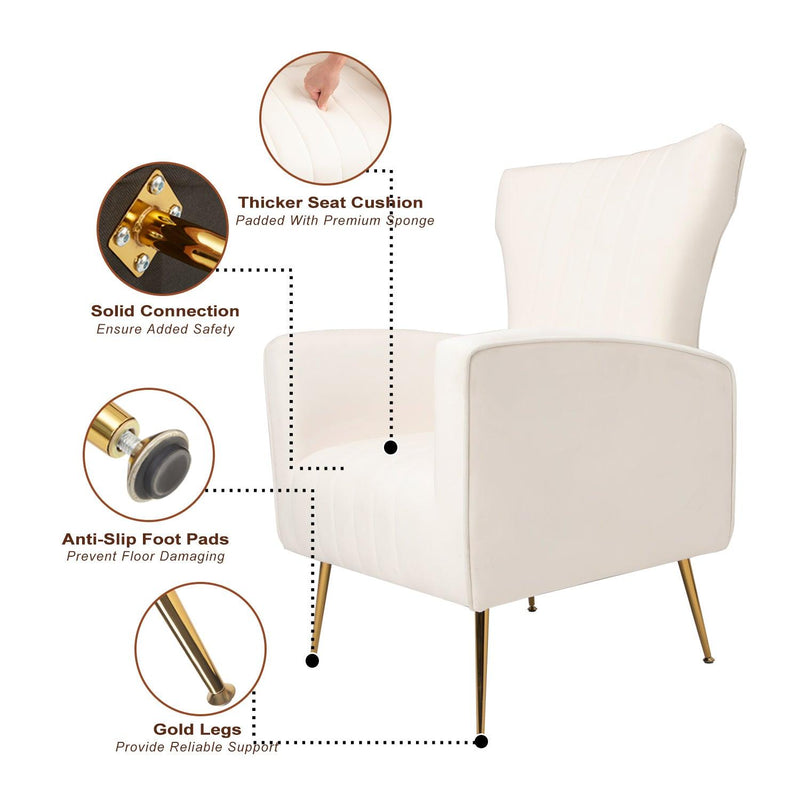 Velvet Accent Chair, Wingback Arm Chair with Gold Legs, Upholstered Single Sofa for Living Room Bedroom, White - Urban Living Furniture (Los Angeles, CA)