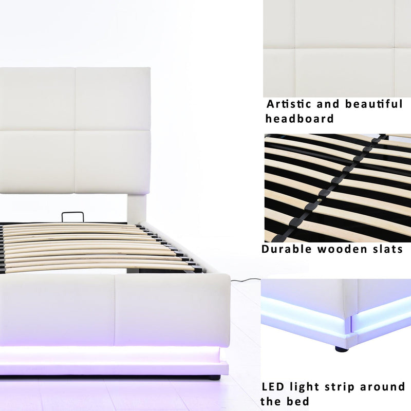 Tufted Upholstered Platform Bed with HydraulicStorage System,Queen Size PUStorage Bed with LED Lights and USB charger, White - Urban Living Furniture (Los Angeles, CA)