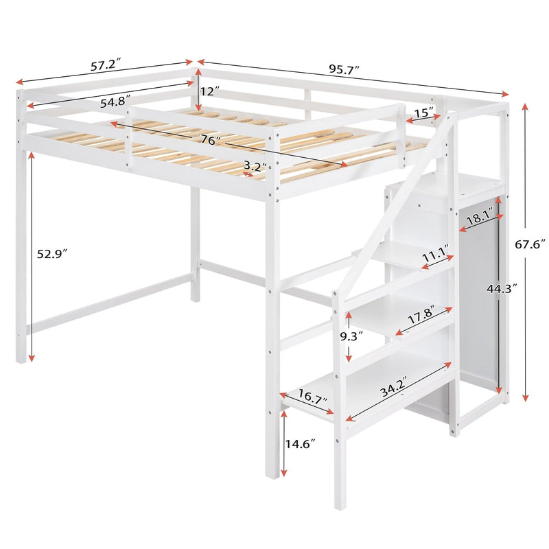 Full Size Loft Bed with Built-inStorage Wardrobe and Staircase,White