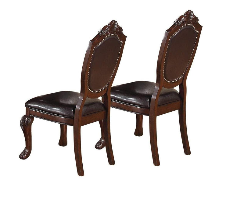 Royal Majestic Formal Set of 2 Side Chairs Brown Color Rubberwood Dining Room Furniture Intricate Design Faux Leather Upholstered Seat