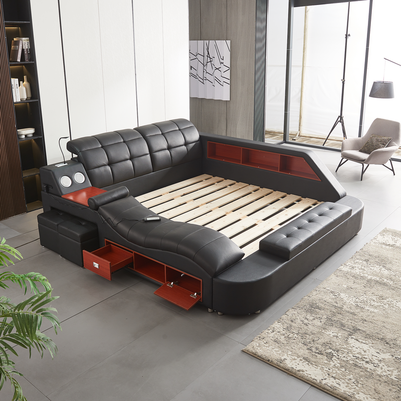 Multifunctional UpholsteredStorage Bed Frame, Massage Chaise Lounge on Left, King Size, Black