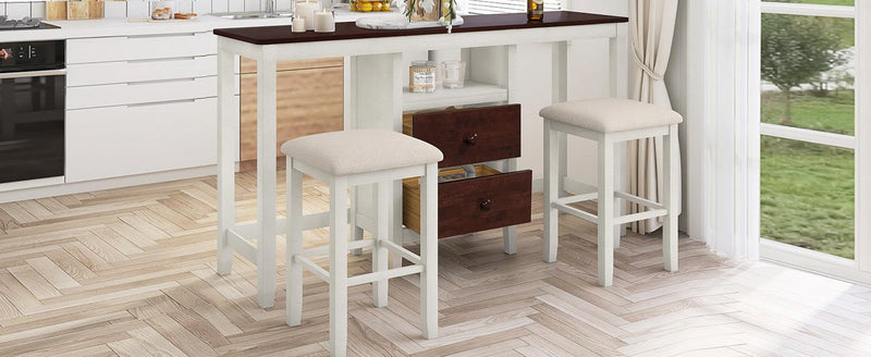 Farmhouse Rustic 3-piece Counter Height Wood Dining Table Set with 2Storage Drawers and 2 Stools for Small Places, White and Brown - Urban Living Furniture (Los Angeles, CA)