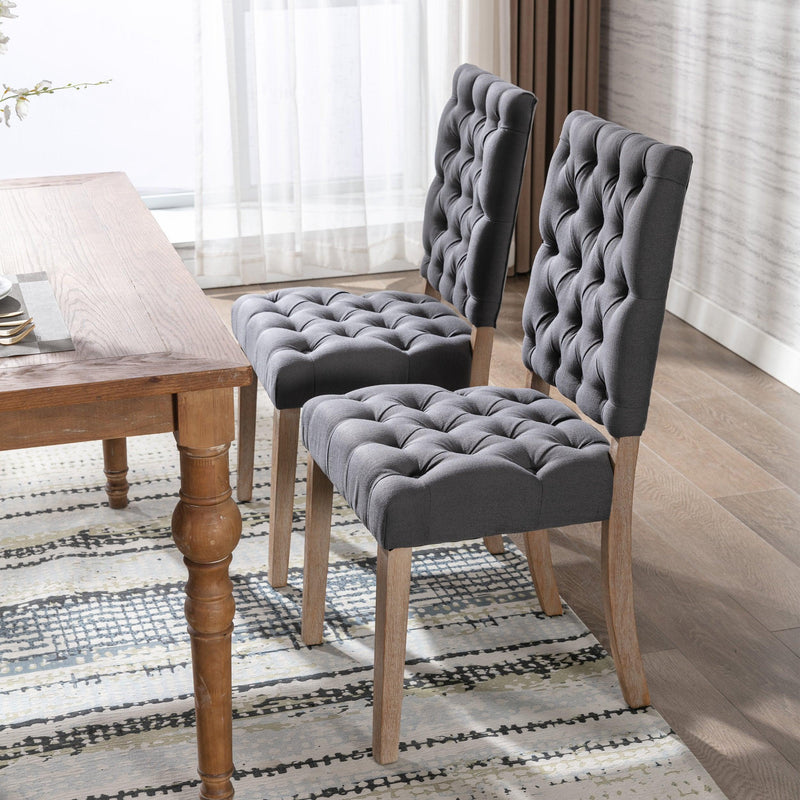 Mid-Century Wooden Frame Linen Fabric Tufted Upholstered Dining Chair,Set of 2,Grey