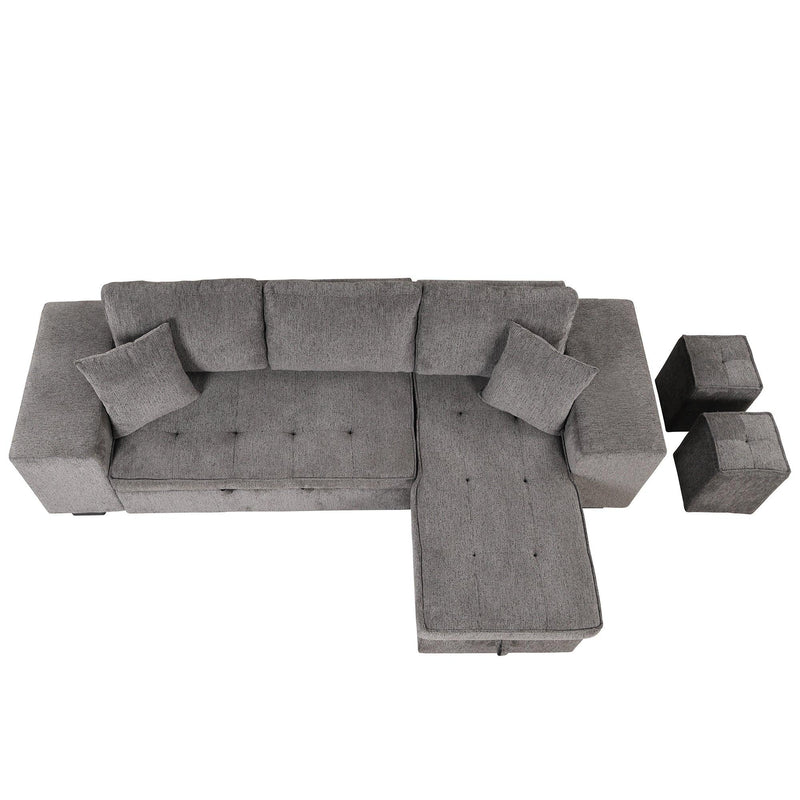 104"Modern L-Shape 3 Seat Reversible Sectional Couch, Pull Out Sleeper Sofa withStorage Chaise and 2 Stools for Living Room Furniture Set,Knox Charcoal