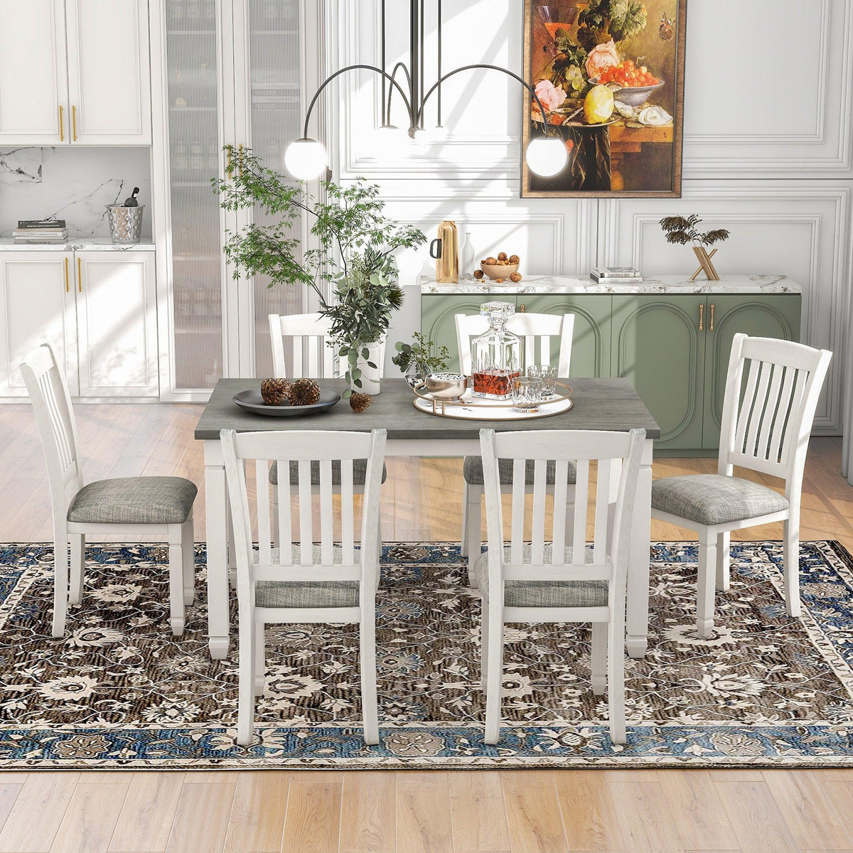 7-Piece Dining Table Set Wood Dining Table and 6 Upholstered Chairs with Shaped Legs for Dining Room/Living Room Furniture (Gray+White) 7-Piece Dining Table Set Wood Dining Table and 6 Upholstered Chairs with Shaped Legs for Dining Room/Living Room Furniture (Gray+White)