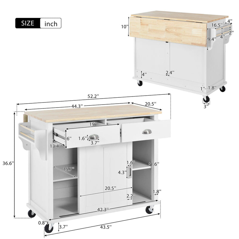 Kitchen Cart with Rubber wood Drop-Leaf Countertop, Concealed sliding barn door adjustable height,Kitchen Island on 4 Wheels withStorage Cabinet and 2 Drawers,L52.2xW30.5xH36.6 inch, White - Urban Living Furniture (Los Angeles, CA)