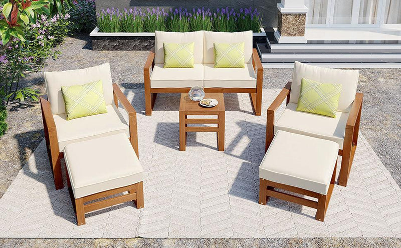 Outdoor Patio Wood 6-Piece Conversation Set, Sectional Garden Seating Groups Chat Set with Ottomans and Cushions for Backyard, Poolside, Balcony, Beige