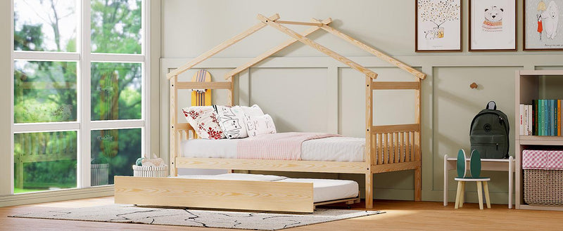 Twin Size Wooden House Bed with Twin Size Trundle, Natural