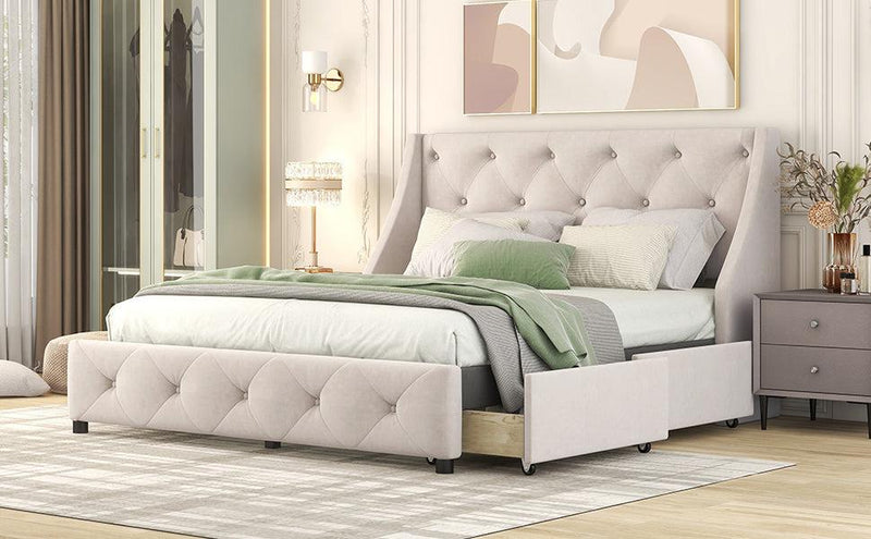 Upholstered Platform Bed with Wingback Tufted Headboard and 4 Drawers, No Box Spring Needed, Linen Fabric, Queen Size Beige - Urban Living Furniture (Los Angeles, CA)