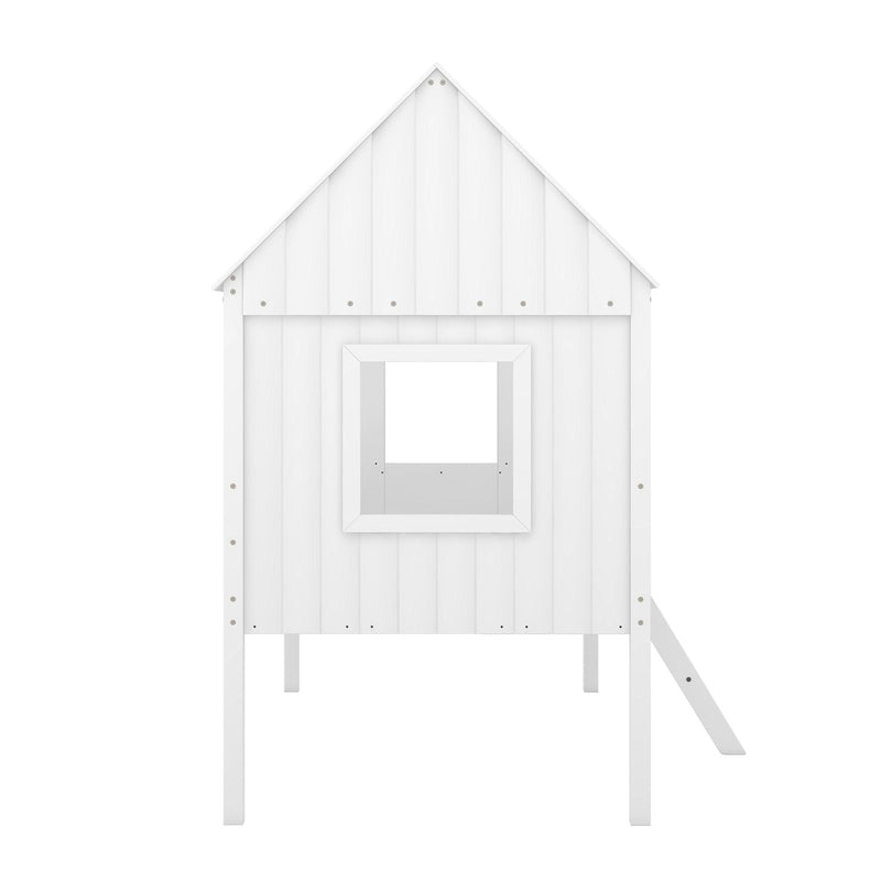 Twin Size Low Loft Wood House Bed with Two Side Windows  (White) - Urban Living Furniture (Los Angeles, CA)