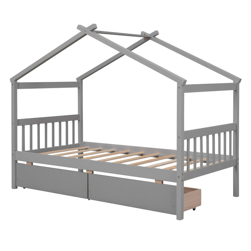 Twin Size Wooden House Bed with Drawers, Gray - Urban Living Furniture (Los Angeles, CA)