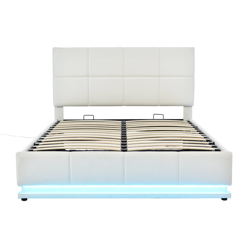 Tufted Upholstered Platform Bed with HydraulicStorage System,Queen Size PUStorage Bed with LED Lights and USB charger, White - Urban Living Furniture (Los Angeles, CA)