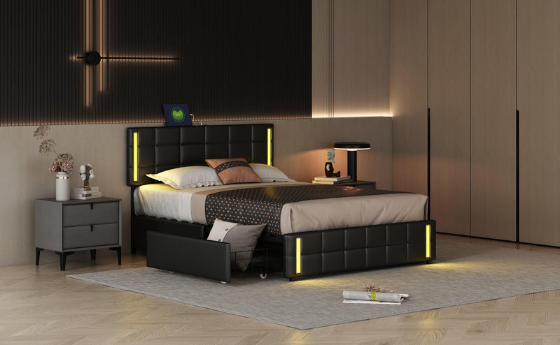 Queen Size Upholstered Platform Bed with LED Lights and USB Charging,Storage Bed with 4 Drawers, Black - Urban Living Furniture (Los Angeles, CA)