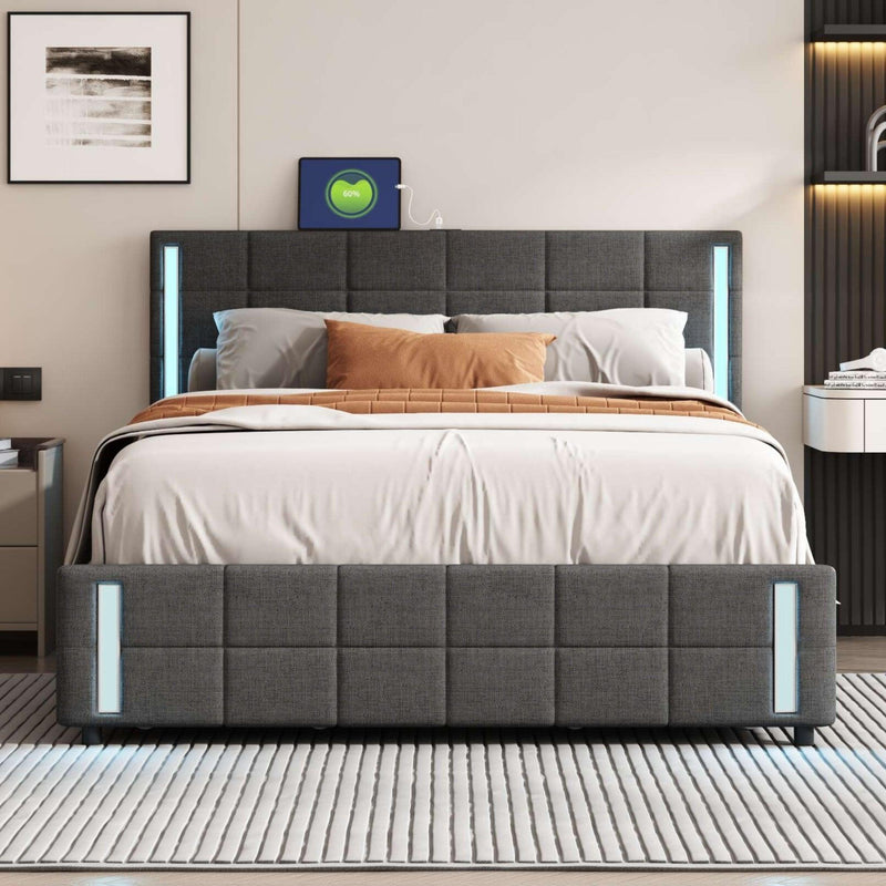 Queen Size Upholstered Platform Bed with LED Lights and USB Charging,Storage Bed with 4 Drawers, Dark Gray - Urban Living Furniture (Los Angeles, CA)