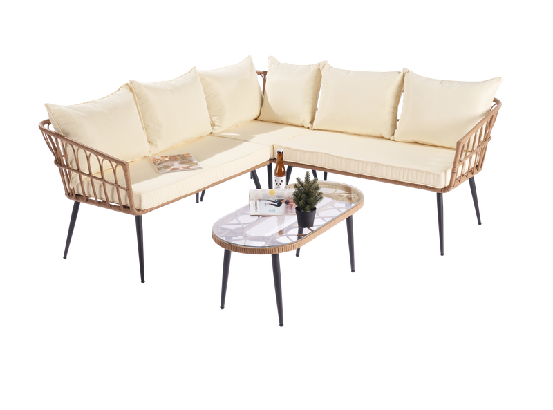 Outdoor Garden Rattan Furniture Sofa Set natural rattan color with beige cushion