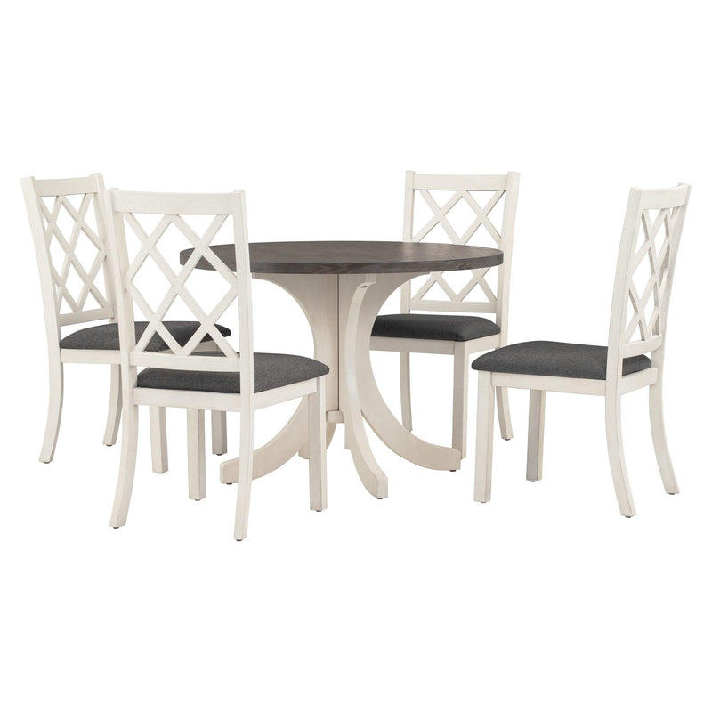 Mid-Century Solid Wood 5-Piece Round Dining Table Set, Kitchen Table Set with Upholstered Chairs for Small Places, Brown Table+Gray Chair - Urban Living Furniture (Los Angeles, CA)