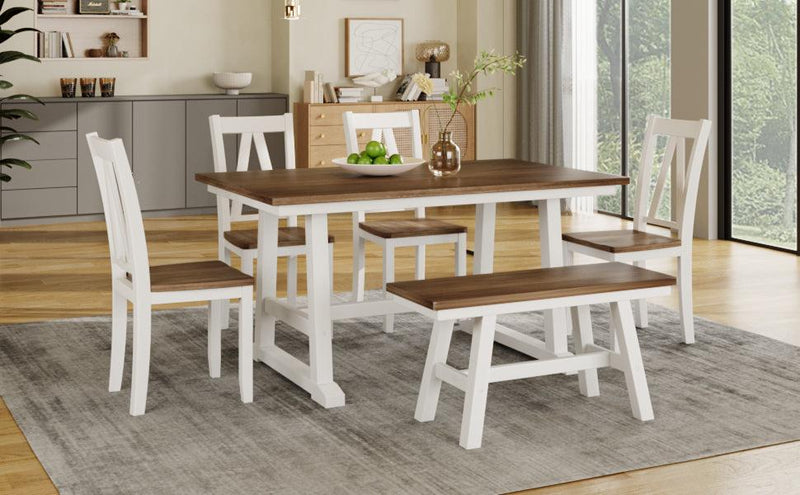 6-Piece Wood Dining Table Set Kitchen Table Set with Long Bench and 4 Dining Chairs, Farmhouse Style, Walnut+White - Urban Living Furniture (Los Angeles, CA)