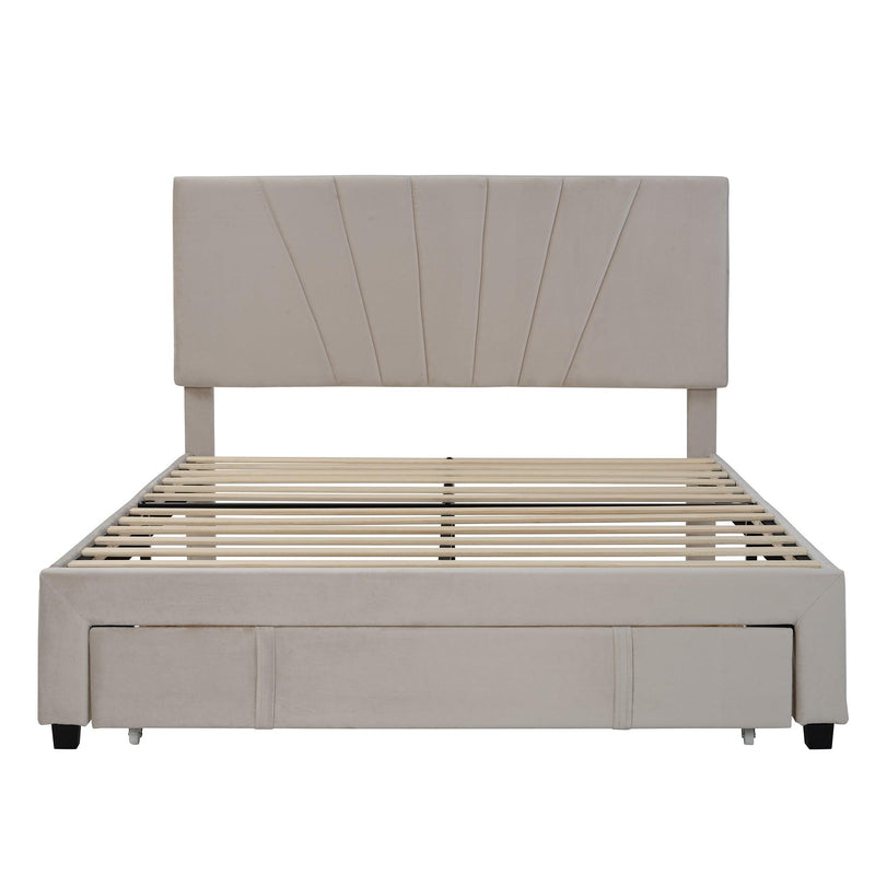 Queen SizeStorage Bed Velvet Upholstered Platform Bed with a Big Drawer - Beige - Urban Living Furniture (Los Angeles, CA)