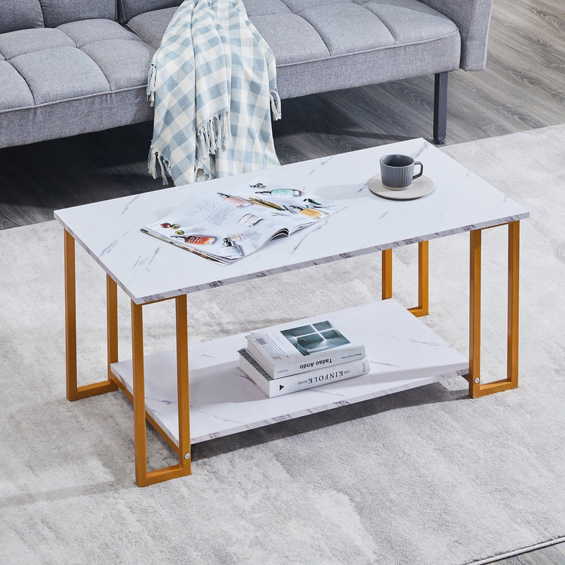 Coffee Table, 2 Layers 1.5cm Thick Marble MDF Rectangle 39.37" L Tabletop Iron Coffee Table , Dining Room, Coffee Shop, Resterant, White Top, ld Leg - Urban Living Furniture (Los Angeles, CA)