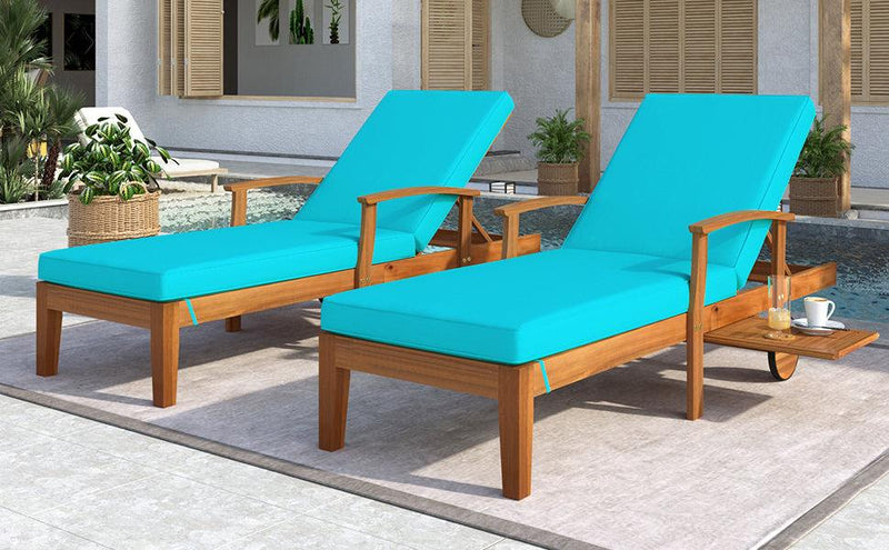 Outdoor Solid Wood 78.8" Chaise Lounge Patio Reclining Daybed with Cushion, Wheels and Sliding Cup Table for Backyard, Garden, Poolside,Brown Wood Finish+Blue Cushion, Set of 2