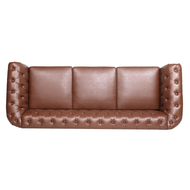 84.65"BROWN PU Rolled Arm Chesterfield Three Seater Sofa.