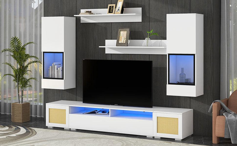 Extended, Rattan Style Entertainment Center, 7 Pieces Floating TV Console Table for TVs Up to 90”, High Gloss Wall Mounted TV Stand with Color Changing LED Lights for Home Theatre, White.