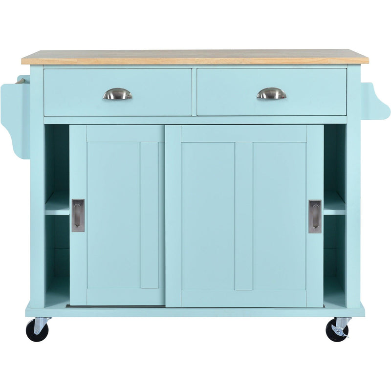 Kitchen Cart with Rubber wood Drop-Leaf Countertop, Concealed sliding barn door adjustable height,Kitchen Island on 4 Wheels withStorage Cabinet and 2 Drawers,L52.2xW30.5xH36.6 inch, Mint Green - Urban Living Furniture (Los Angeles, CA)