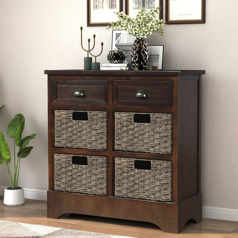 RusticStorage Cabinet with Two Drawers and Four Classic Rattan Basket for Dining Room/Living Room (Espresso)