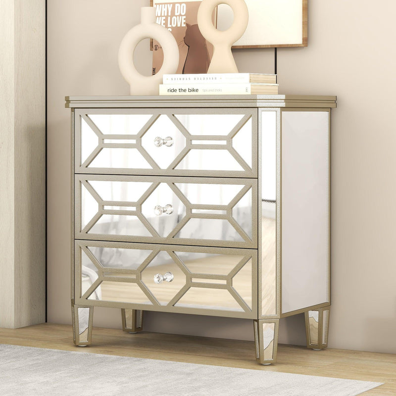 Elegant Mirrored 3-Drawer Chest with Golden LinesStorage Cabinet for Living Room, Hallway, Entryway - Urban Living Furniture (Los Angeles, CA)