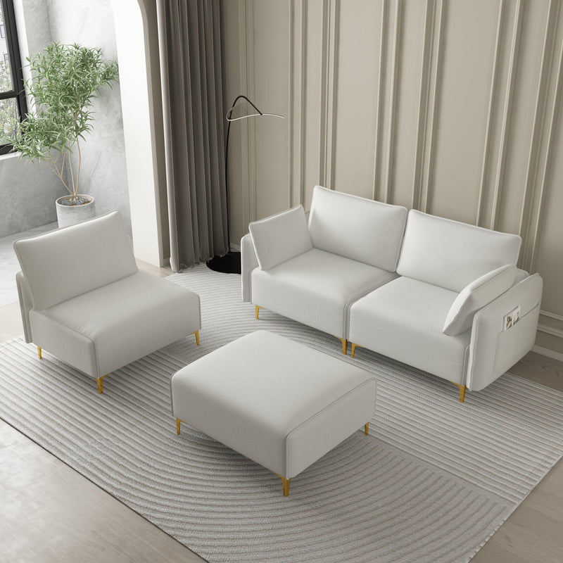 L Shape Sectional Sofa with USB Beige Fabric