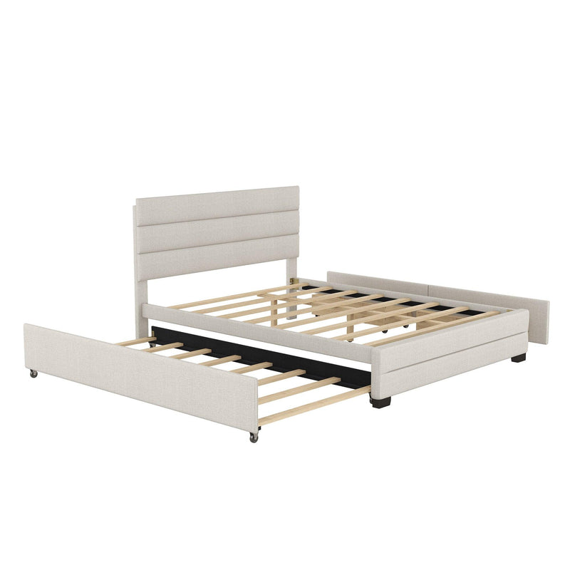 Queen Upholstered Platform Bed with Twin Size Trundle and Two Drawers, Beige - Urban Living Furniture (Los Angeles, CA)