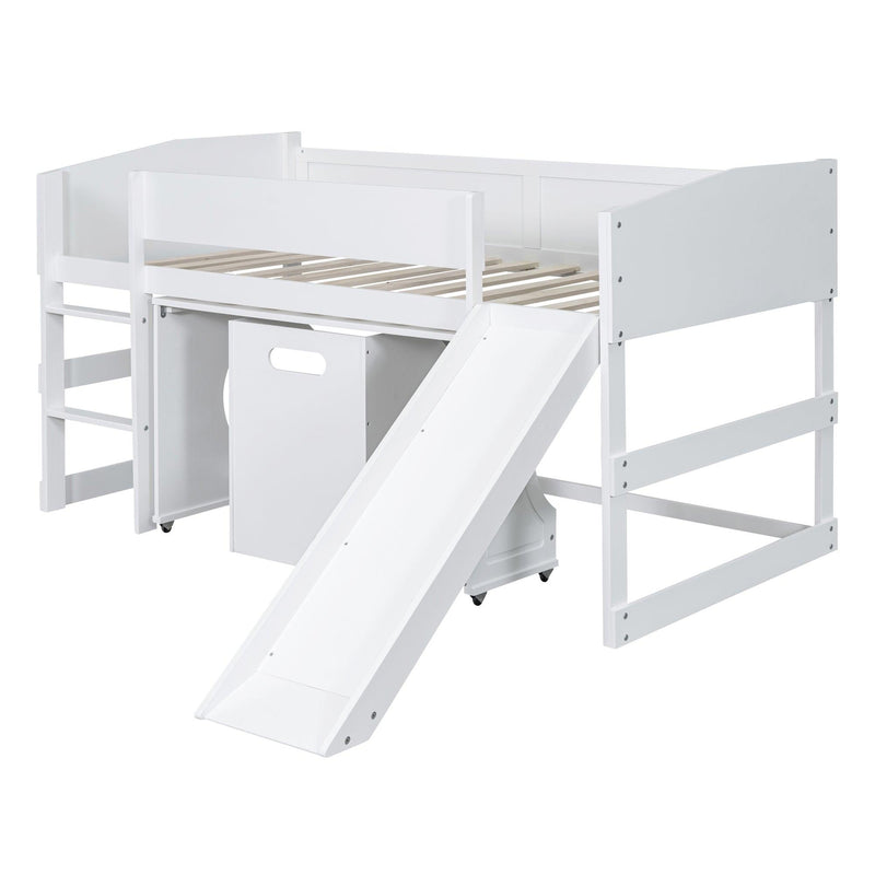 Low Study Twin Loft Bed with Rolling Portable Desk and Chair,Multiple Functions Bed- White