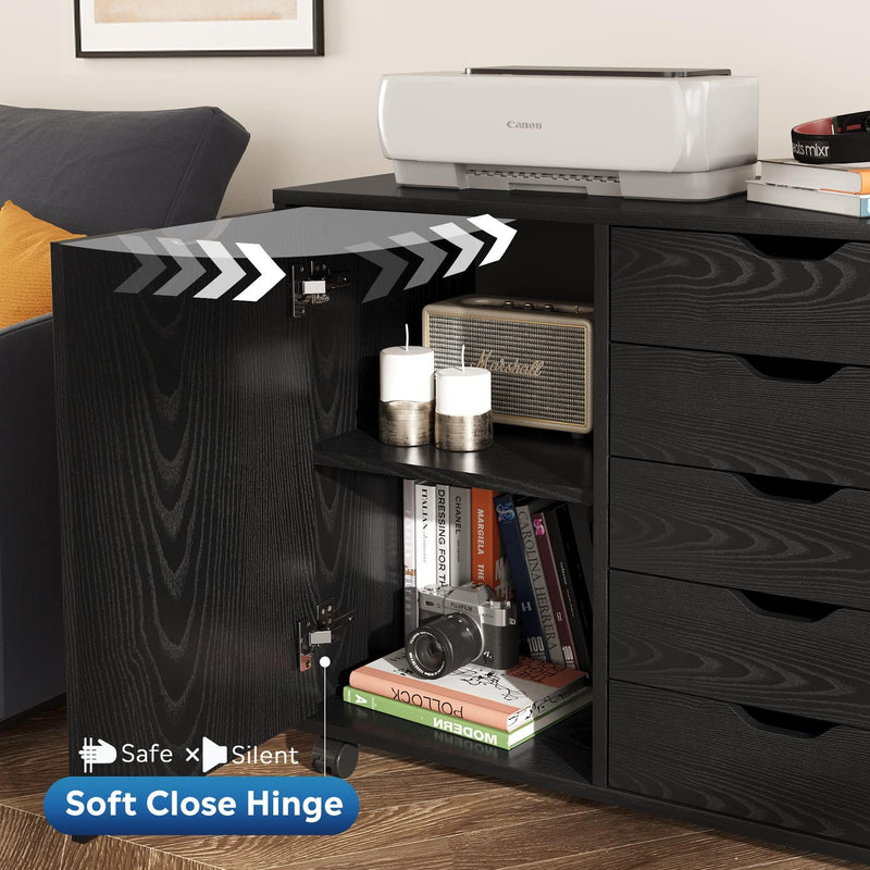 5-Drawer Wood Dresser Chest with Door, MobileStorage Cabinet, Printer Stand for Home Office