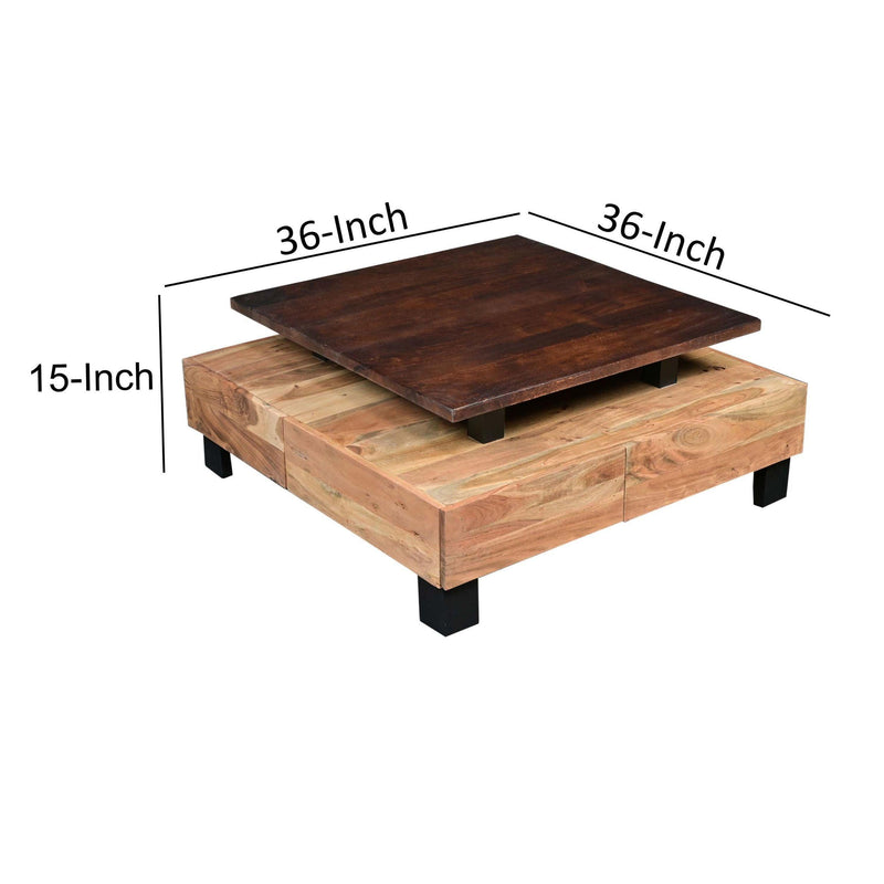 36 Inch HandcraftedModern Industrial Coffee Table, Two Drawers, Dual Tone, Brown, Black