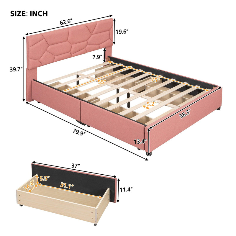 Full Size Upholstered Platform Bed with Brick Pattern Heardboard and 4 Drawers, Linen Fabric, Pink - Urban Living Furniture (Los Angeles, CA)