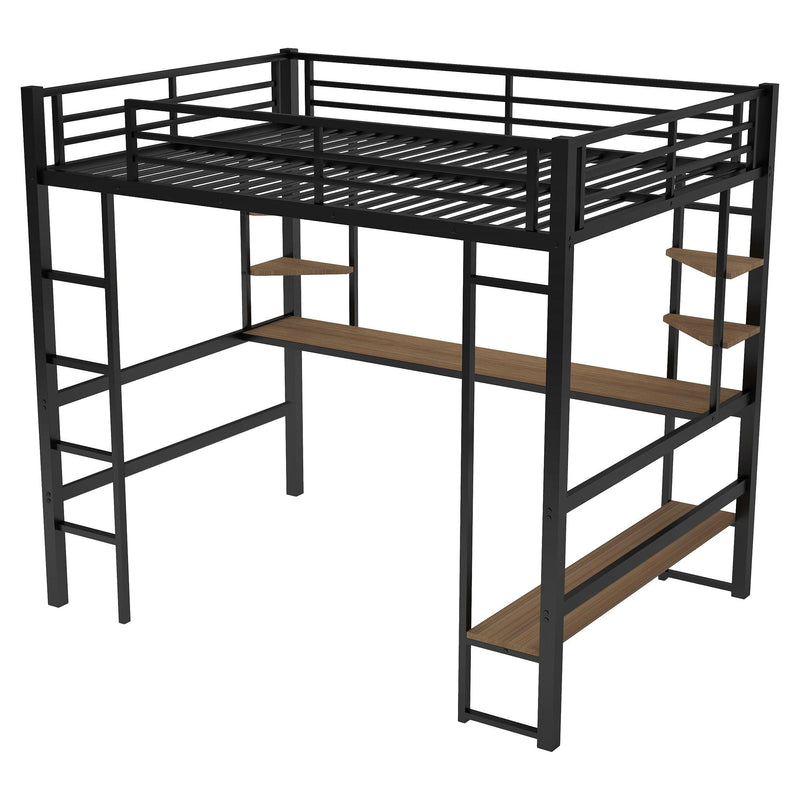 Full Size Loft Metal&MDF Bed with Long Desk and Shelves,Black