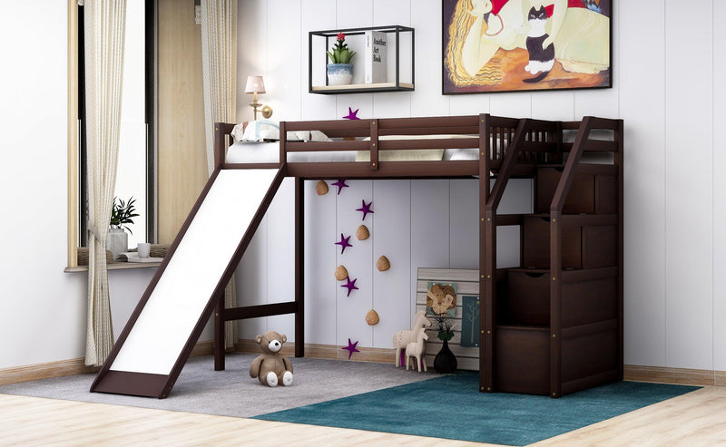 Twin Size Loft Bed withStorage and Slide, Espresso