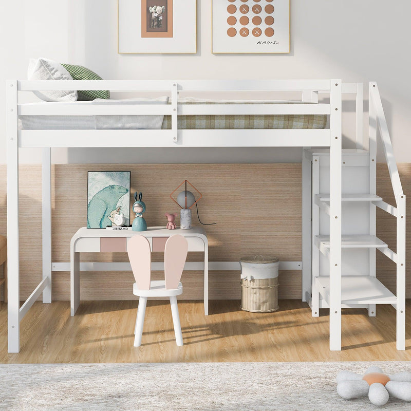 Full Size Loft Bed with Built-inStorage Wardrobe and Staircase,White