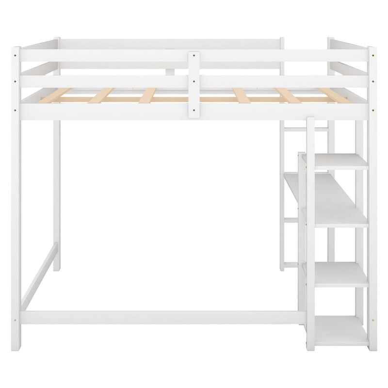 Full Size Loft Bed with Built-in Desk and Shelves,White