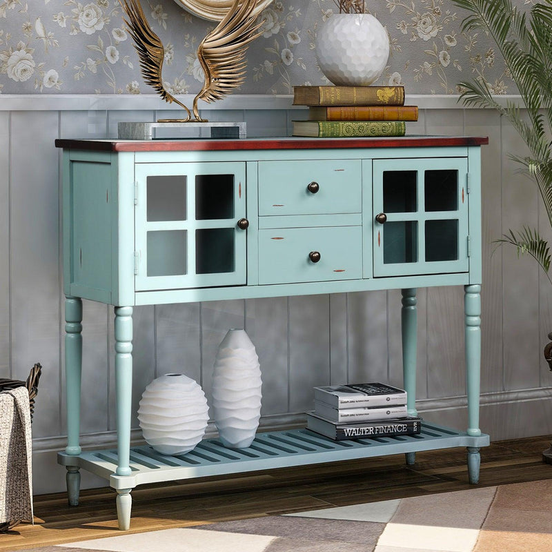 Sideboard Console Table with Bottom Shelf, Farmhouse Wood/Glass BuffetStorage Cabinet Living Room (Retro Blue) - Urban Living Furniture (Los Angeles, CA)