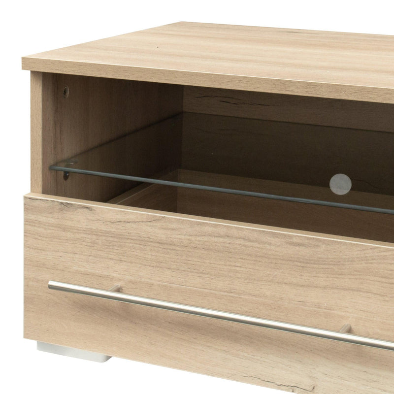 The  TV cabinet has two drawers with color-changing light strips, Rustic Oak
